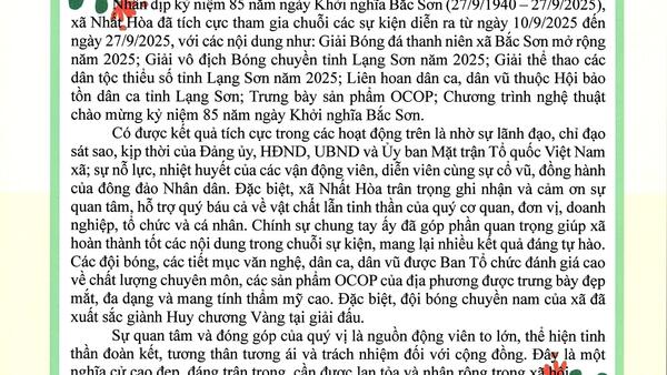 Thư cảm ơn kèm theo danh sách các tập thể, cá nhân ủng hộ xã Nhất Hòa tổ chức tham gia các hoạt động kỷ niệm 85 năm ngày Khởi nghĩa Bắc Sơn (27/09/1940 - 27/09/2025)